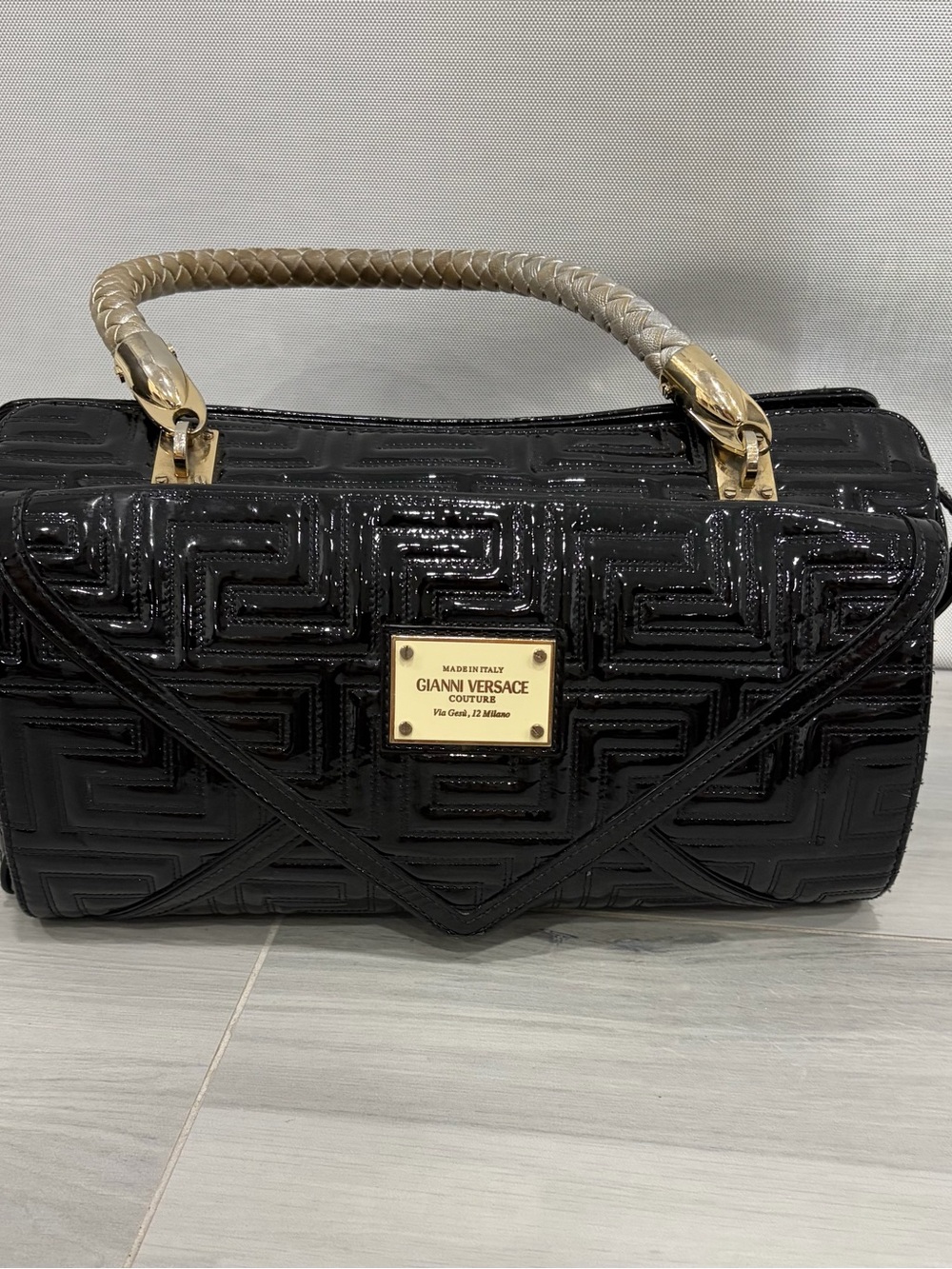 Versace Black Patent Leather Braided-Handle Satchel with Gold Plaque